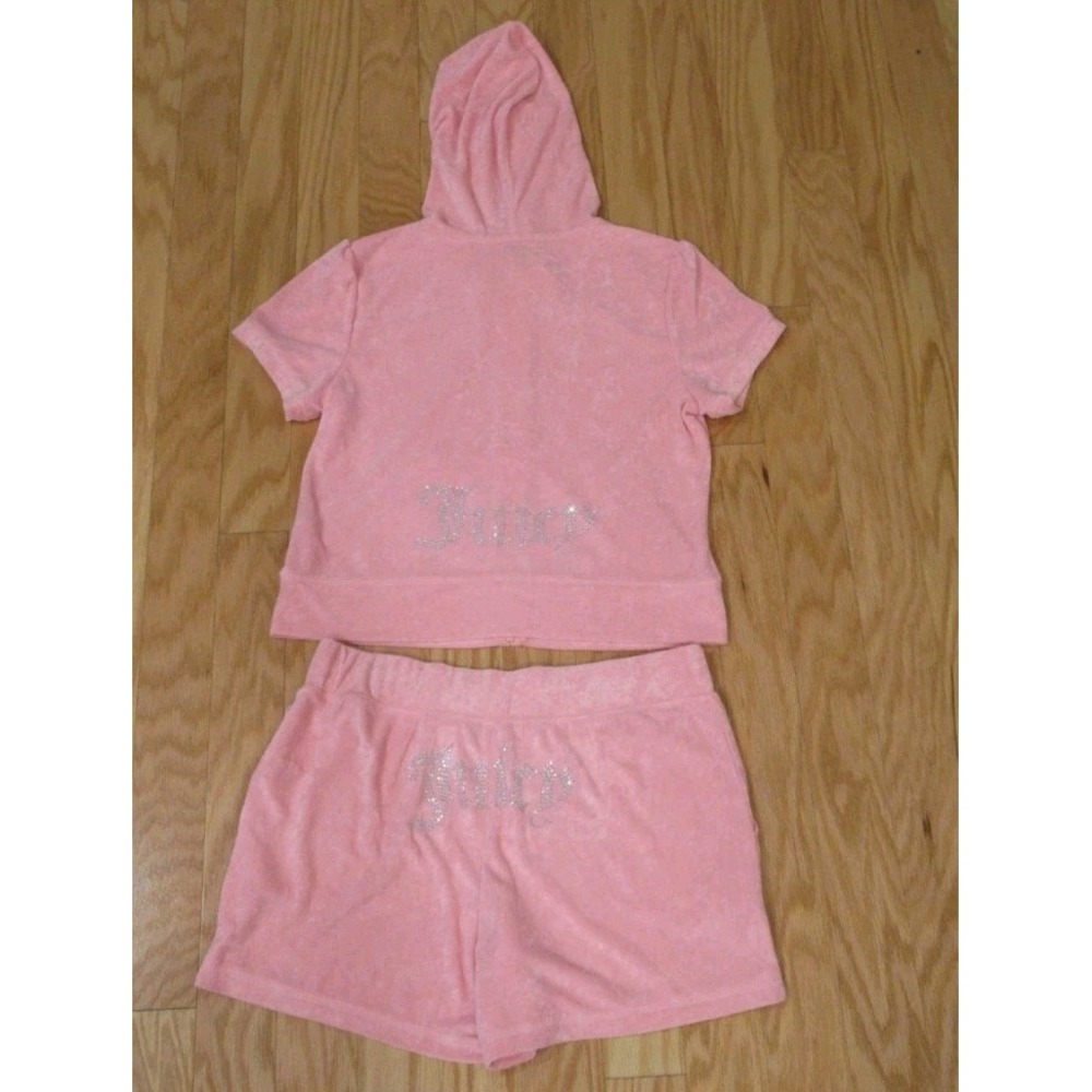 Juicy Couture Womens 2 Pc. Terry Hoodie Shorts Outfit Set Y2K Pink Bling Large